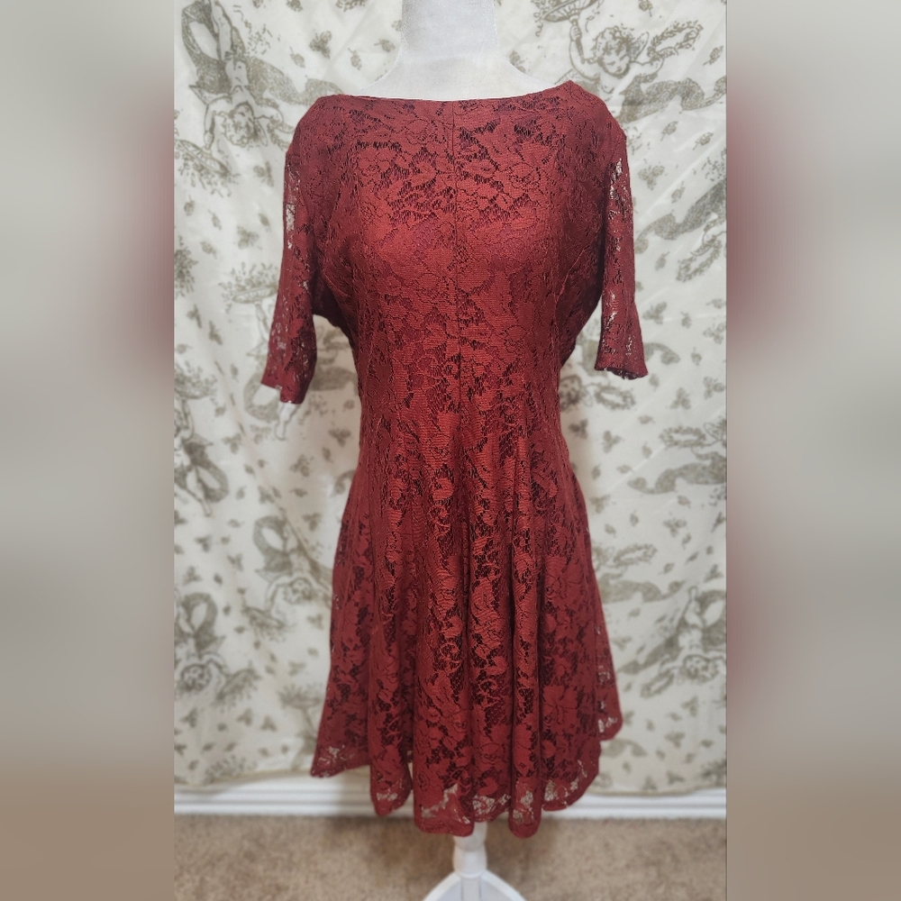 Danny And Nicole Boat Neck 3/4 Sleeve Elegant Lace Red Dress 10P